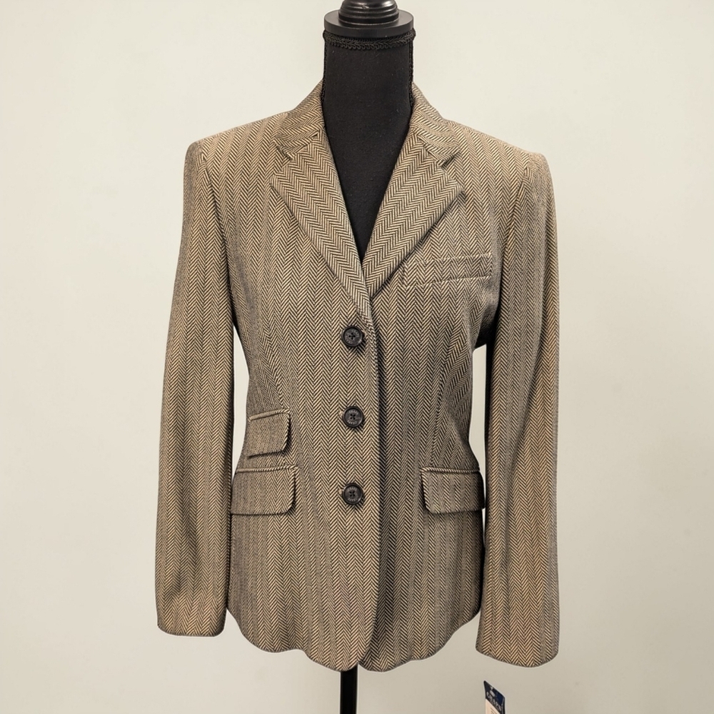 CHAPS Ralph Lauren Herringbone Blazer Jacket Black Tan Cotton Tailored Size 6 - Picture 16 of 16